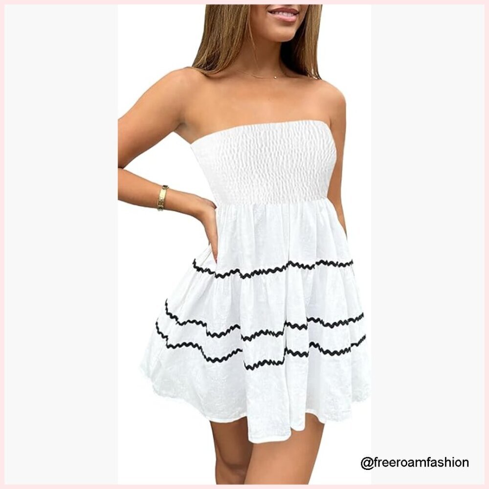 Strapless Mini Dress Fitted Top Flowy Skirt Summer Beach Casual - Picture 1 of 7